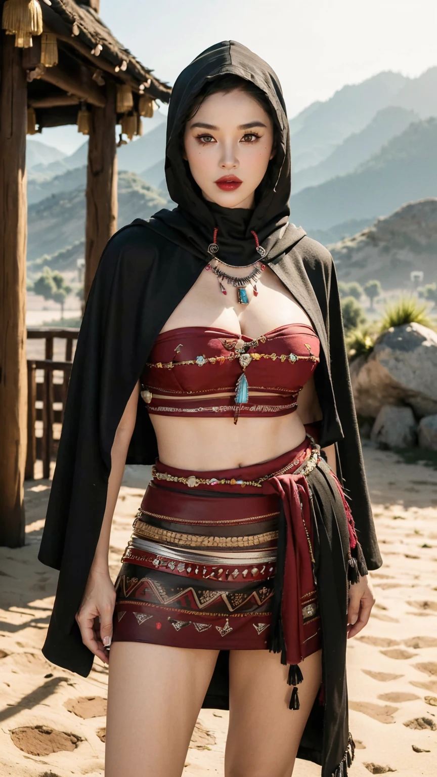 ((Realistic lighting, Masterpiece: 1.3), (raw photo:1.2), Best quality, 8K), Hyperrealist portrait gorgeous Beautiful tribal Chinese tribal woman, mature woman, 50 years old, Milf, beautiful serious face, wrinkled face, beautiful detailed charming eyes, (pretty natural breasts: 1.1), ((tribal black strapless top: 1.1), (sexy tribal black skirt), (tribal black Hooded Cloak Coat: 1.2), (tribal hijab: 1.2)), tribal loincloth, (tribal jewelry, tribal necklace), tribal Palace background, legendary style, epic style, full body, (standing pose: 1.2, tribal Palace background), professional photography, font view, very detailed faces, (garnet red lips, subtle makeup: 1.3), colorful style