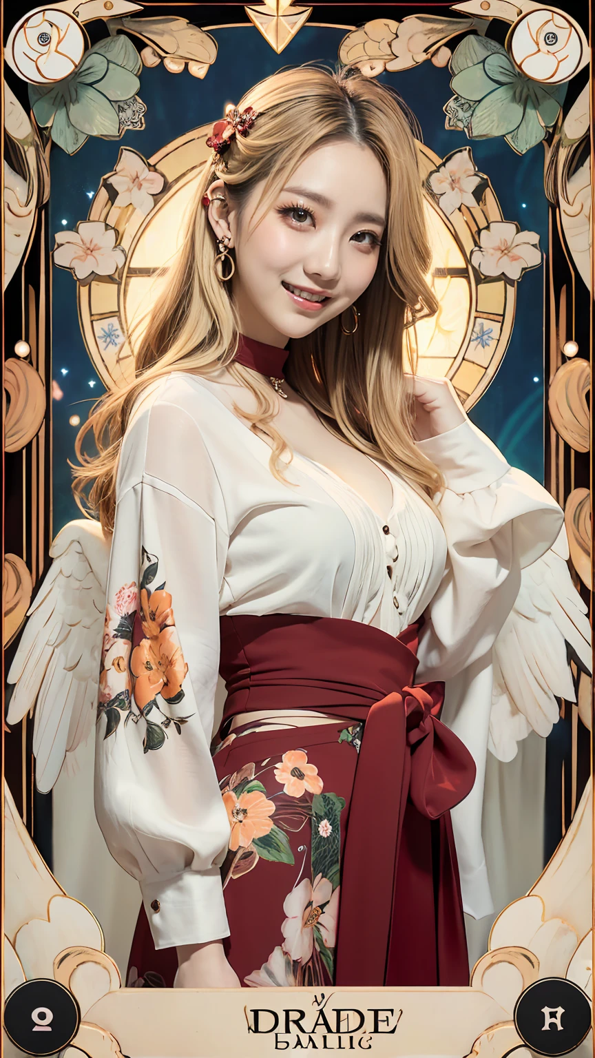 Realistic、masterpiece、Highest quality、Highest quality、Tarot Card Style、Lush floral background、An angelic woman、A large shot from the waist up、Nude Photos、(blonde, Long Hair:1.2)、Natural Makeup、Draw lots of eyelashes、Deep orange blush、Smiling、Showing teeth、cheeks turn a little red