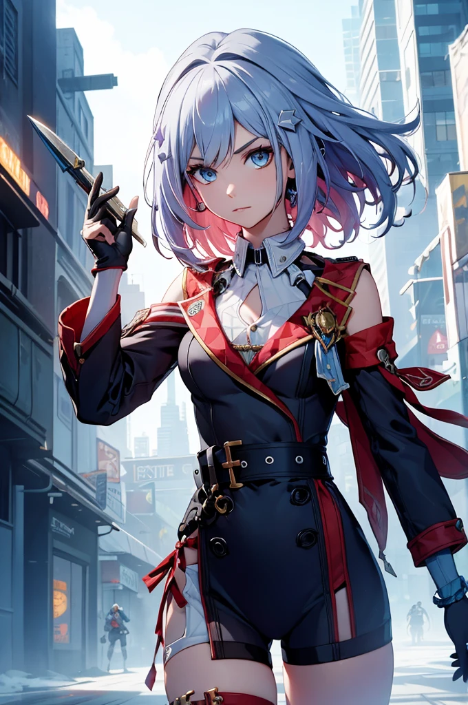 Make a girl in a futuristic setting with a futuristic weapon in her hands