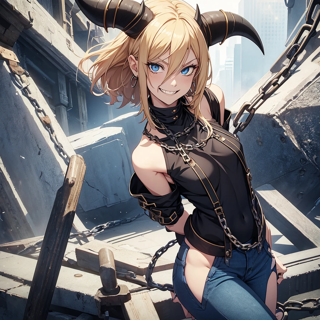 1girl, in full height (Body Full 1.1), Horns, smile, saw teeth, hairlong, looking a viewer, small breasts, punk, low cut jeans, blue eyes, Hair between the eyes, (with grinning shoulders:1.3), black Top transparent, blonde woman, boots, sexy clothes, chain accessories 