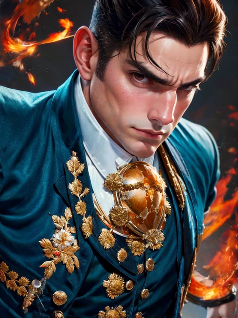 30-year-old man, alone, athletic, muscular, dark hair, white band on his forehead, wears a blue mariachi suit with white details, wears black exercise gloves that cover almost his entire forearm, serious look looking at the viewer , fire in one hand, cinematic, ultra sharp focus, award winning photography, perfect contrast, high sharpness, depth of field, ultra detailed photography, global illumination, fluid, ultra high definition, 8k, Unreal Engine 5, ultra sharp focus, award winning photography, art season trends,
