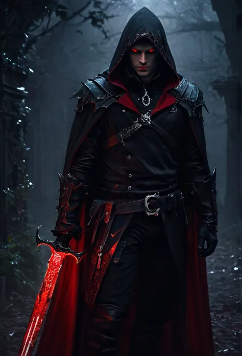 inspired by valeryi vegera, a vampire man, red eyes, (glowing eyes), black hair, messy hair, red hood, red cape, holding a magic...