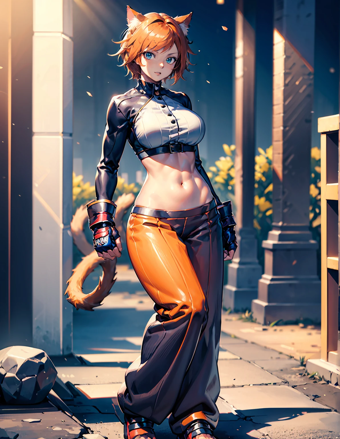 (best quality, ultra-high resolution, depth of field:1.2), (single woman:1.2), (full body shot:1.2), (perfect body:1.2), (big breasts:1.2), (wide hips:1.2), beautiful face, (cat woman), radiant eyes, (green eyes:1.2), (beautiful smile), (orange hair), animal ears, (cat ears), (cat tail), (wearing a baggy fighter pants:1.2), (long sleeves:1.2), (strapless top:1.2), (fingerless gloves:1.2), night time, (multiple points of views), (standing pose:1.2)