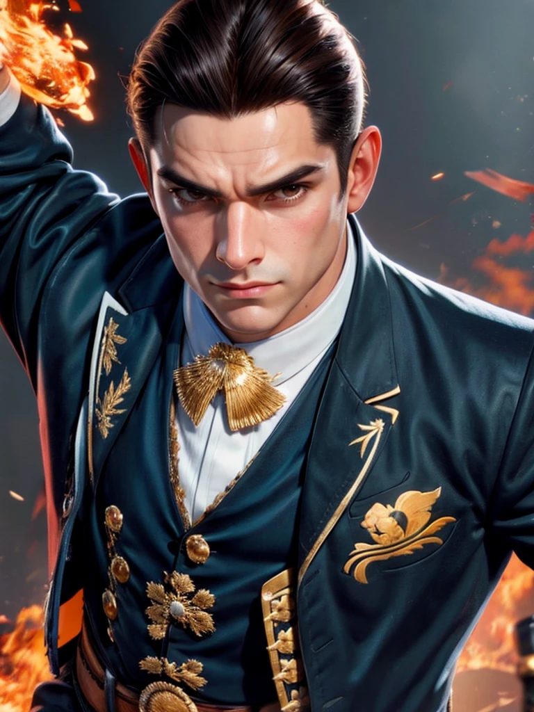 30-year-old man, alone, athletic, muscular, dark hair, white band on his forehead, wears a blue mariachi suit with white details, wears black exercise gloves that cover almost his entire forearm, serious look looking at the viewer, fire in a hand, cinematic, ultra sharp focus, award winning photography, perfect contrast, high sharpness, depth of field, ultra detailed photography, global illumination, fluid, ultra high definition, 8k, Unreal Engine 5, ultra sharp focus, award winning photography , art season trends,
