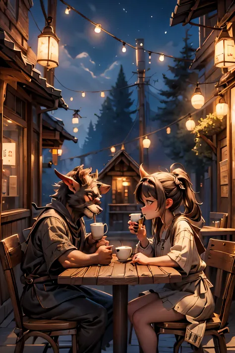 best quality, masterpiece, ogres drinking coffee at a coffe shop, night coffee shop,