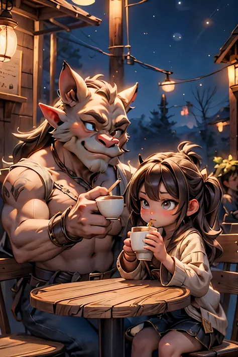 best quality, masterpiece, ogres drinking coffee at a coffe shop, night coffee shop,