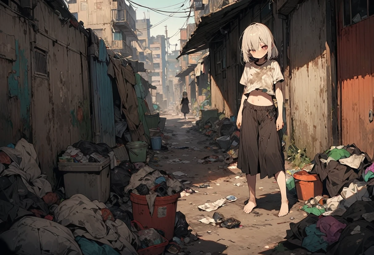 High resolution, masterpiece, Highest quality, Gothic Horror, Half demon girl, Alien, Glittering eyes, Scavenging through trash, Wearing rags, barefoot, corrosion, Slums, Garbage dump, Alienの住人