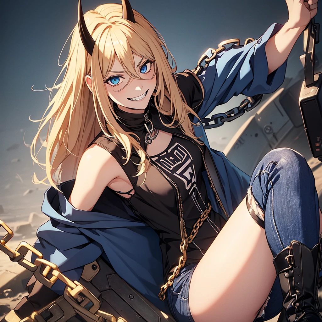 1girl, in full height (Body Full 1.1), Horns, smile, saw teeth, hairlong, looking a viewer, small breasts, punk, low cut jeans, blue eyes, Hair between the eyes, (with grinning shoulders:1.3), black Top transparent, blonde woman, boots, sexy clothes, chain accessories