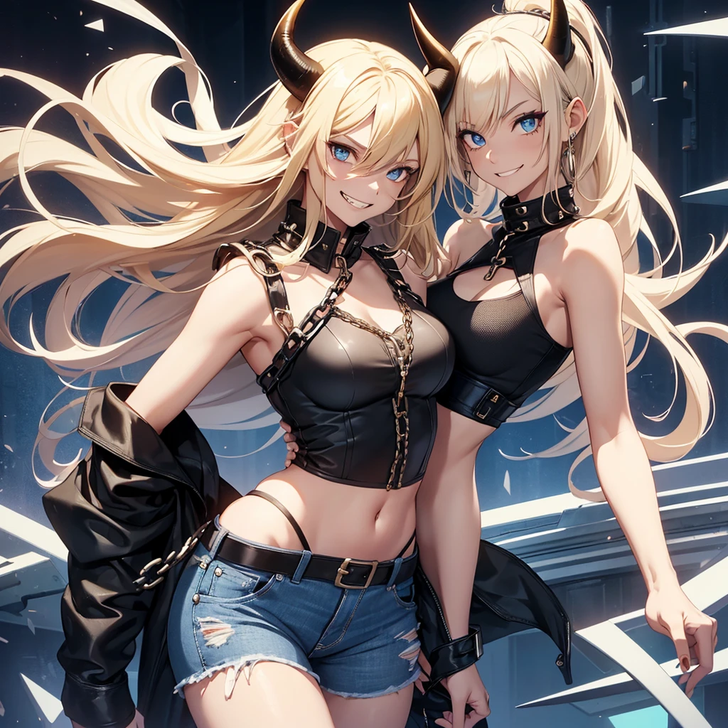 1girl, in full height (Body Full 1.1), Horns, smile, saw teeth, hairlong, looking a viewer, small breasts, punk, low cut jeans, blue eyes, Hair between the eyes, (with grinning shoulders:1.3), black Top transparent, blonde woman, boots, sexy clothes, chain accessories 