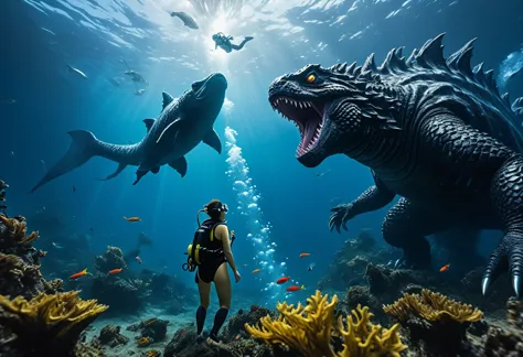 a cute yuna scuba diver in bikini, air tank, bubble stream, lurking in kelp, watching in awe and shock as godzilla battles fishy...