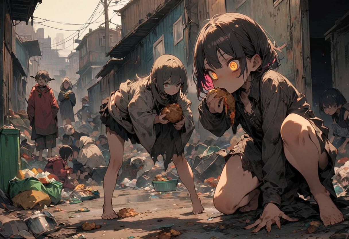 High resolution, masterpiece, Highest quality, Gothic Horror, Half demon girl, Alien, Glittering eyes, ((Competing with residents for food:1.5)), Using the power of the devil, Wearing rags, barefoot, corrosion, Slums, Garbage dump, Alienの住人