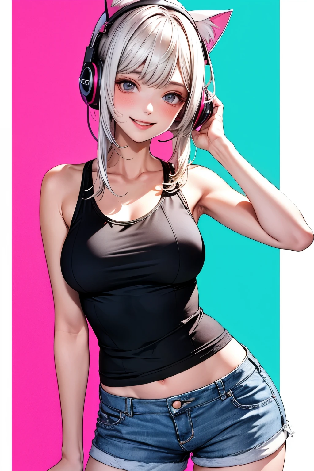 one , de corpo inteiro, two tone hair white and pink, cat ear headphones, face detailed, perfectbody, Tank top shirt, shorts curto, smiling, high resolution, super detaill, 8k, Overview, no quintal de one casa com grama