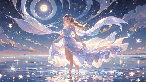 a girl standing alone under the starry night sky, with her silhouette illuminated by the soft moonlight and twinkling stars. her...