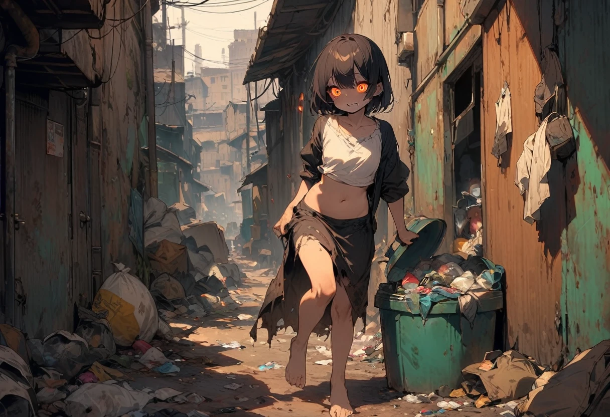 High resolution, masterpiece, Highest quality, Gothic Horror, Half demon girl, Alien, Glittering eyes, The body is mutated, Wearing rags, barefoot, corrosion, Slums, Garbage dump