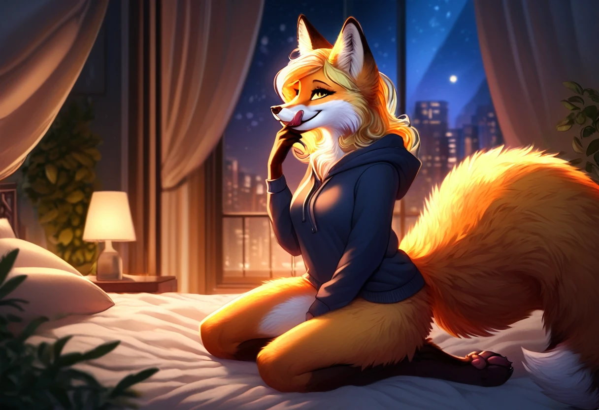 red fox, yellow fur, female, vixen, fox tail, gorgeous, majestic, elegant, mysterious, alluring, romantic, beautiful, sexy body, voluptuous, hair, yellow hair, yellow eyes, smile, smiling out of hilarity, laughing, giggling cutely, paw covering mouth from laughing, paw on mouth, highest quality, high quality illustrations, masterpiece, Ultra-high resolution, Detailed Background, night, Absurd, Perfect Anatomy, performance, Good lighting, anthro, furry, in a bedroom, bed, pillow, plant, front view, on knees, looking at viewer with side eye, side gaze, head turned slightly away from viewer, smug grin, tongue out, licking lips, safe for work, wearing hoodie only