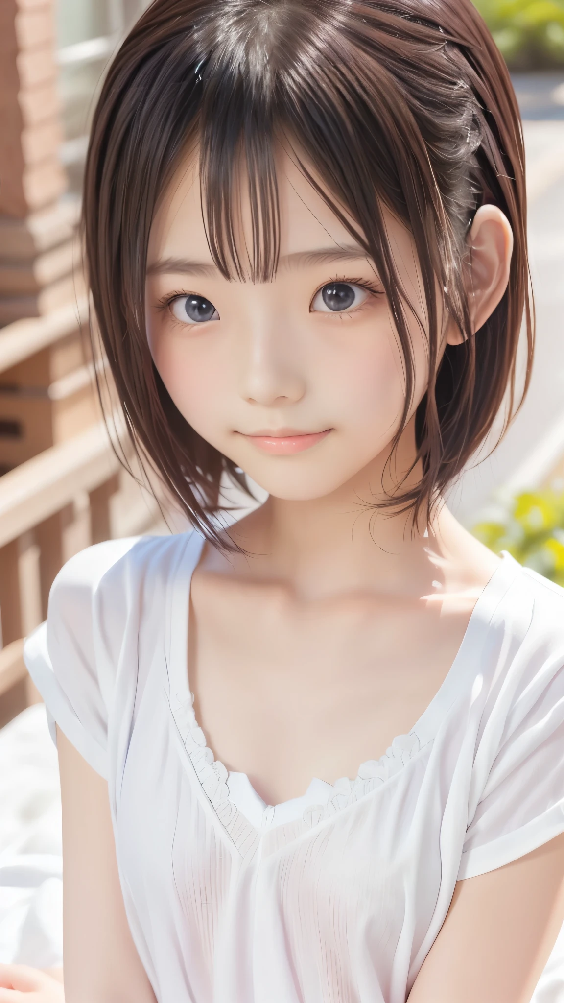 ((14years、a beauty girl))、brown haired、beautidful eyes、real looking skin、small 、(8k、​masterpiece)、(reallistic、Photorealsitic)、top-quality、ighly detailed、The ultra-detailed、Beautie、cute little、japanese Idol、(cute smile)、Close-up portrait、beautiful eyes, cute lip, lip service, Healthy face, ribbon、(Seductive look)、(View the viewer:1.2)