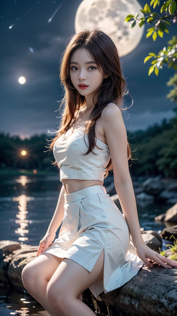 ulzzang-6500-v1.1, (RAW photo: 1.2), (Real photo), (Real photo: 1.4), 1 girl、Perfect anatomy、1、Looking at the camera、Medium length hair、white skirt, beside a vast lake in the middle of a wild forest, ((under the night sky with moon and stars: 1.1))、 (Business service)、Asian eyes Ella,