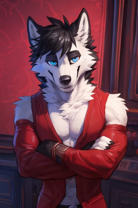 (((wearing a red suit, male focus,  male, by takemoto arashi, male, solo, wolf (atlas a all white fur, all white body wolf with ...