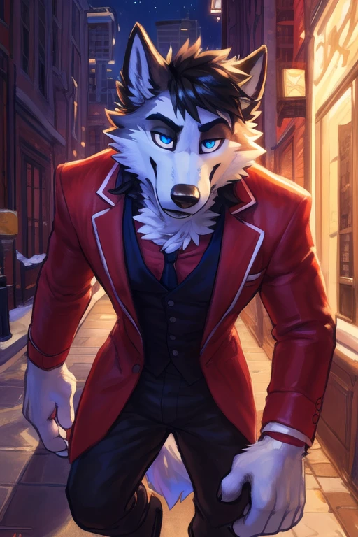 (((wearing a red suit,evil face, scary looking, red suit and tie, male focus,  male, by takemoto Arashi, male, solo, wolf (Atlas a all white fur, all white body Wolf with blue eyes and nose and black hair An artwork ),,all white fur, all white body, muscular build, muscular, muscle, chest, fluffy, realistic,))), sensual, detailed, uploaded to e621, beautiful and detailed of an anthropomorphic , (((male))) uploaded to e621, zaush, foxovh, movie lighting,  body, alone, movie cover, detailed, 8k res, hires, detailed eyes, good anatomy, good perspective, towards viewer, by bebebebebe, by sicklyhypnos, by gerkk, by orf, nice hands, perfect hands, happy, romantic, ray tracing lighting, rtx on