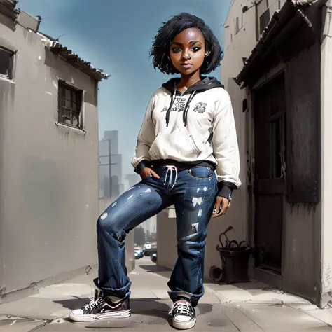 1girl, sketch, detailed background, ((black girl)) , ((darker-skin)),, hoodie midriff, rolled up sleeves, ((low rise bell bottom...