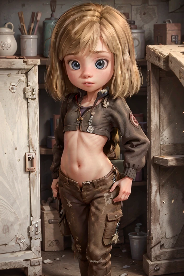 create Riley with a very big chest showing her butt, She is 20 years old but she looks like a child.