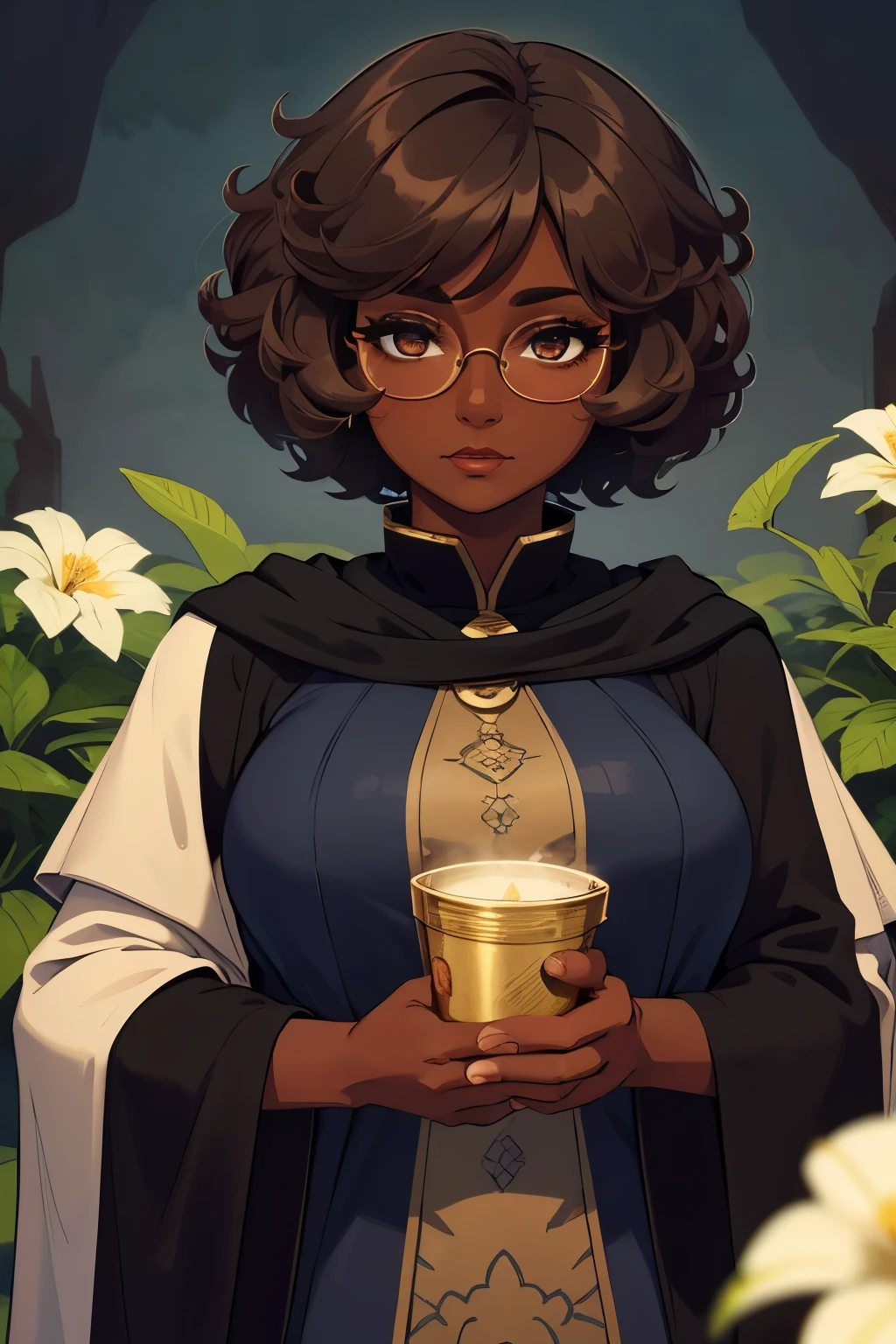 Solo, female, dark skin, curly hair, (((short hair))), Brown hair, lipstick, eyeliner, eyelashes, thick eyelashes, dark skin, linen tunic, (navy cloak), glasses, fantasy village, mature female, chubby face, flowers in hair