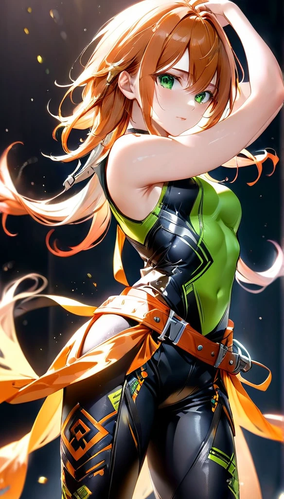 A young woman with an athletic build and a confident posture. Her long, wavy, vibrant orange hair falls to the middle of her back, partially held by a small silver clip, while a few loose strands dance along with her movements. Her sharp, intense green eyes convey a mix of determination and charm. She wears light leather armor with reinforced pieces on her shoulders and arms, allowing for fluid movement. The leather is dark, with silver accents that enhance its elegance and functionality. Her legs, agile and muscular, are covered in tight leather pants with straps and small pouches of equipment hanging from her belt. On her arms, subtle tattoos of runic symbols are visible, hinting at a connection to magic.She moves with the grace and precision of an experienced dancer, blending fluid dance motions with swift, acrobatic gestures. Her bare feet lightly touch the ground, and her arms extend in precise choreographies, as if every move was calculated to captivate and impress. Her toned muscles are highlighted by the soft light reflecting off her fair skin, which gleams subtly against the dark background. With each spin, her orange hair flows through the air, creating a striking contrast against the black backdrop, while her eyes remain focused, showing complete concentration in every step of the dance.1 , Alta resolução, Seios, Anime, Estilo anime, sexe.