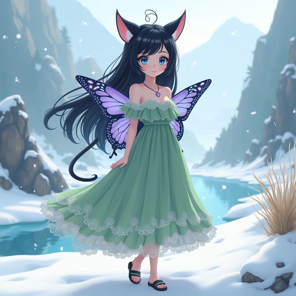 Appearance: Has a petite, youthful appearance with delicate features and striking light sky blue eyes that seem to sparkle. black LONG hair, wind-swept look with two adorable cat-like ears and one tail poking through. Her fair skin has a subtle glow, and her lithe figure is accentuated by her off-the-shoulder LONG dress. purple and blue two butterfly wings. Clothing: outfit is a perfect blend of urban chic and light. She wears a frilly, off-the-shoulder green dress a sweetheart neckline, Teaskirt adorned with intricate lace accents. Her ensemble is completed with stylish Sandals. Cute small heart pendant. Background: A snowy landscape with many trees as far as the eye can see. A small river flows between mountains. It even starts to snowing, Windy. Full body, ultra high quality detail, fantasy, dreamlike, photorealistic, digital art, big landscape, light smile facial expression