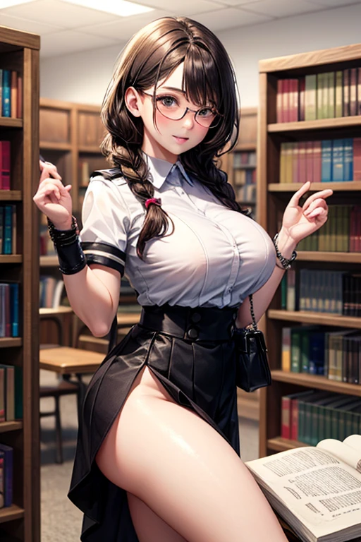  2 girls,  blonde girl, black hair girl, masterpiece, Best Quality, ultra detailed, Realistic, hight resolution, 8K, braided, glasses, library, 
2 Girls in uniform, serafuku, White shirt through seer, Black skirt, am  carried breast rest, carrying, stack of books, carry a pile of books, armband, big breasts, big ass