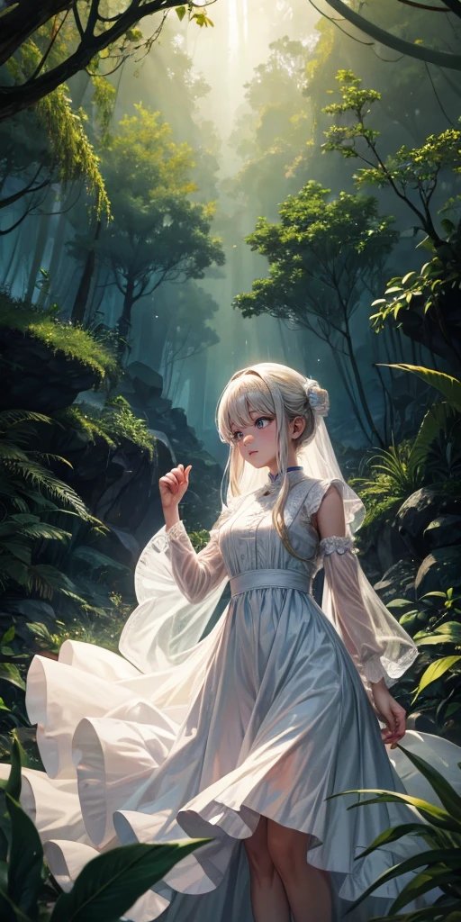 Girl in white dress in a forest with a disturbing look, fire around 