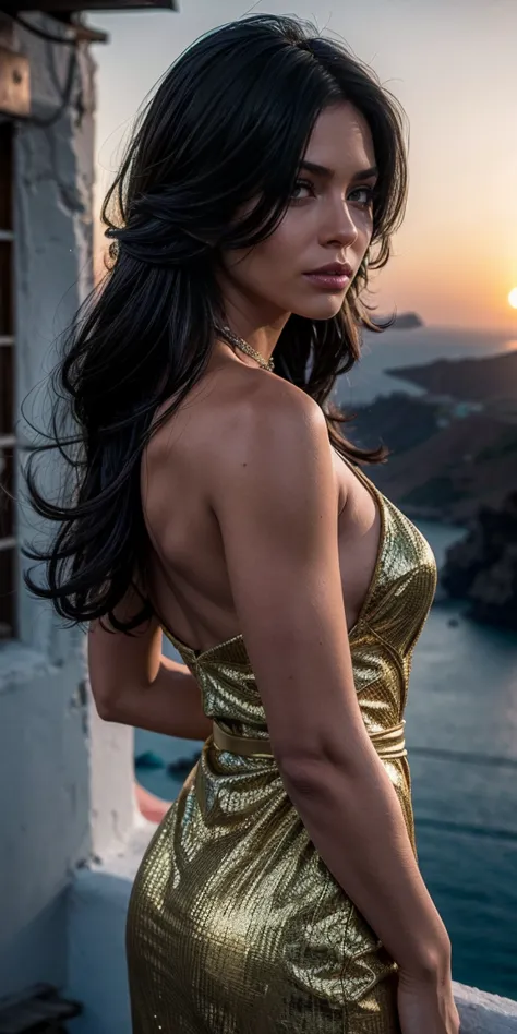 yenfer, whole body, long_hair, amazing hair, gorgeous, city girl, neckline, western film, flower_dress, hot girl, santorini, gre...