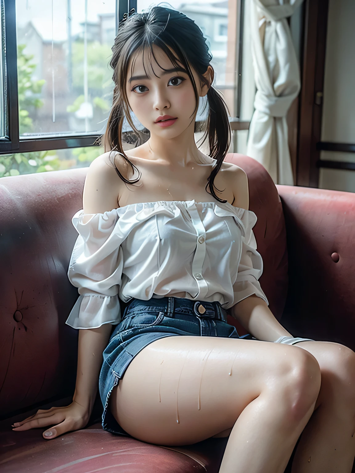 Very detailed CG Unity 8k wallpaper、Highest quality、Very detailed、masterpiece、reality、reality、Very detailedなかわいい女の子、、((Photographed from the front:1.4))、((Shooting from a little below:1.4))、((Sitting on the red sofa:1.4))、blush、Cleft lip、Looking at the audience、Semi Body Shot、((Denim skirt that accentuates thighs:1.5))、((White panties:1.4))、(Twin Tail Girl:1.7)、(Beautiful Face:1.3)、(Perfect balance:1.2)、(Long legs:1.2)、(Small breasts:1.3)、((Strapless bras are see-through:1.4))、((Japanese man wearing a white chiffon short-sleeved off-the-shoulder shirt:1.4))、((Rain-soaked chiffon strapless off-shoulder shirt:1.4))、(((Wet Hair)))、reality、((Rain outside the window:1.4))、