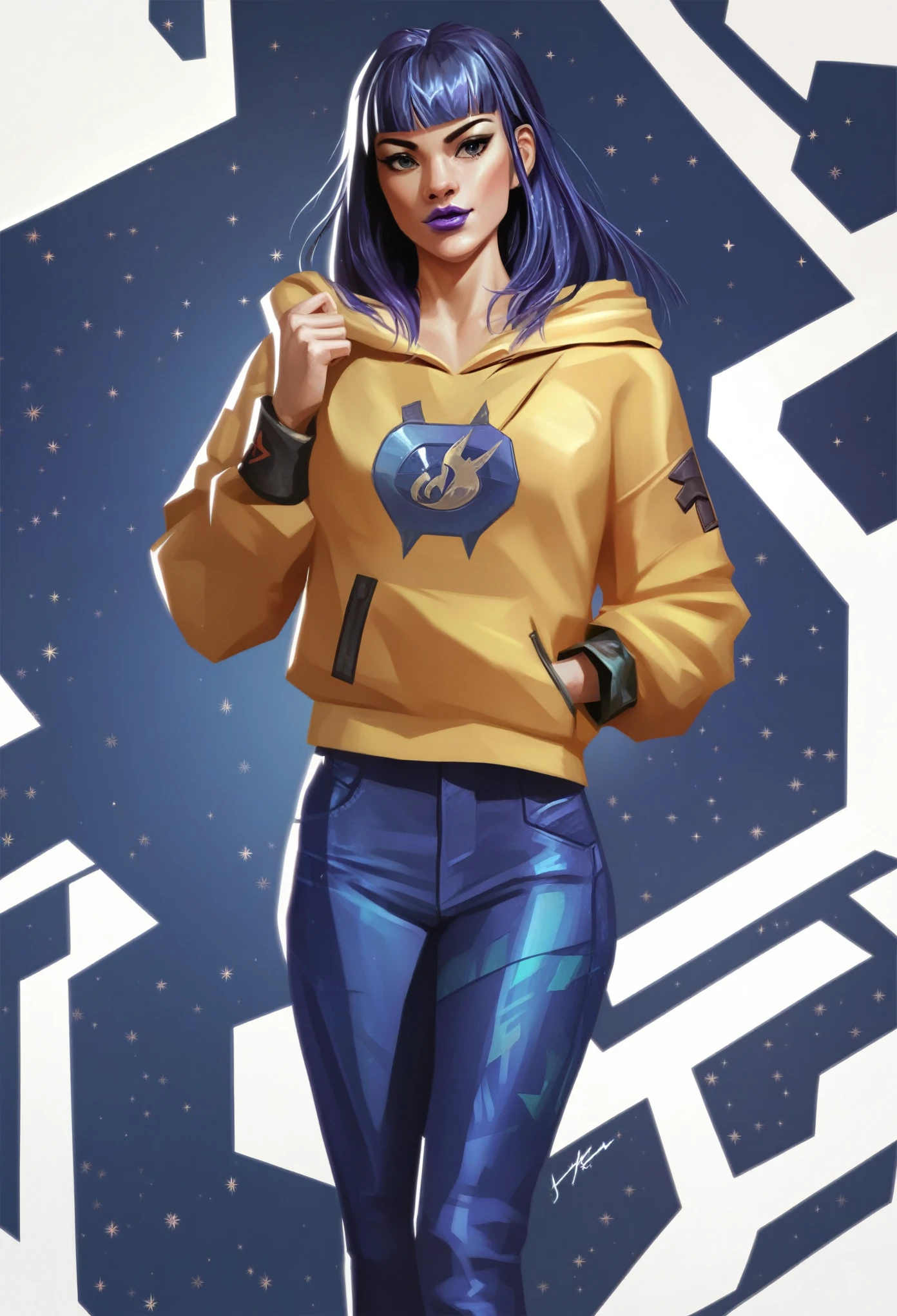 score_9, score_8_up,score_7_up, score_6_up, score_5_up, score_4_up, (top-quality, masterpiece:1.2) highly detailed, masterpiece, cinematic lighting, high quality artwork, beautiful, detailed background, valorant style, 1girl, yellow hoodie, blue pants, purple lips, illustration, hime cut, long hair, detailed clothes, detailed hair, detailed eyes, detailed skin
