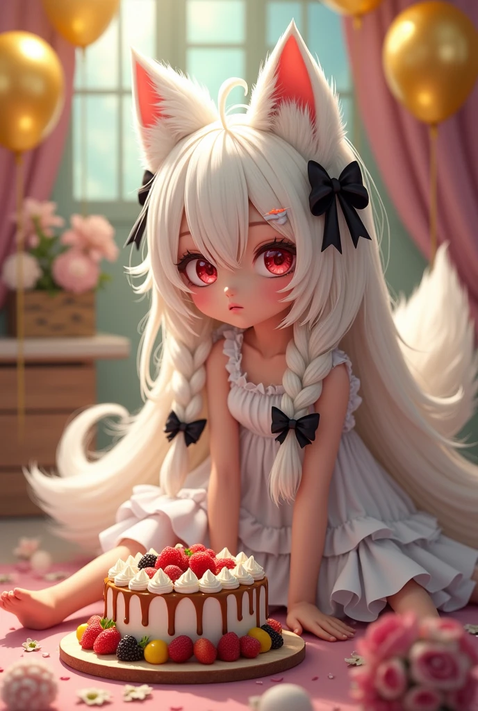 Pretty girl with white skin, Big Red Eyes, Long, fluffy white hair\(Stylish hair adorned with a large black hair ribbon and braids\) With fox ears, Wearing a white ruffled dress, Sitting curiously on the floor, gazing at the viewer, A cute fruit-filled cake in front of a girl, Golden balloons fill the room and float in the air, A cute and tidy room colorfully decorated for a celebration,Open your mouth a little, Tsundere, Mischievous, Sparkling eyes, Puff out your cheeks, High resolution, Reality, Surrealism, realism, 