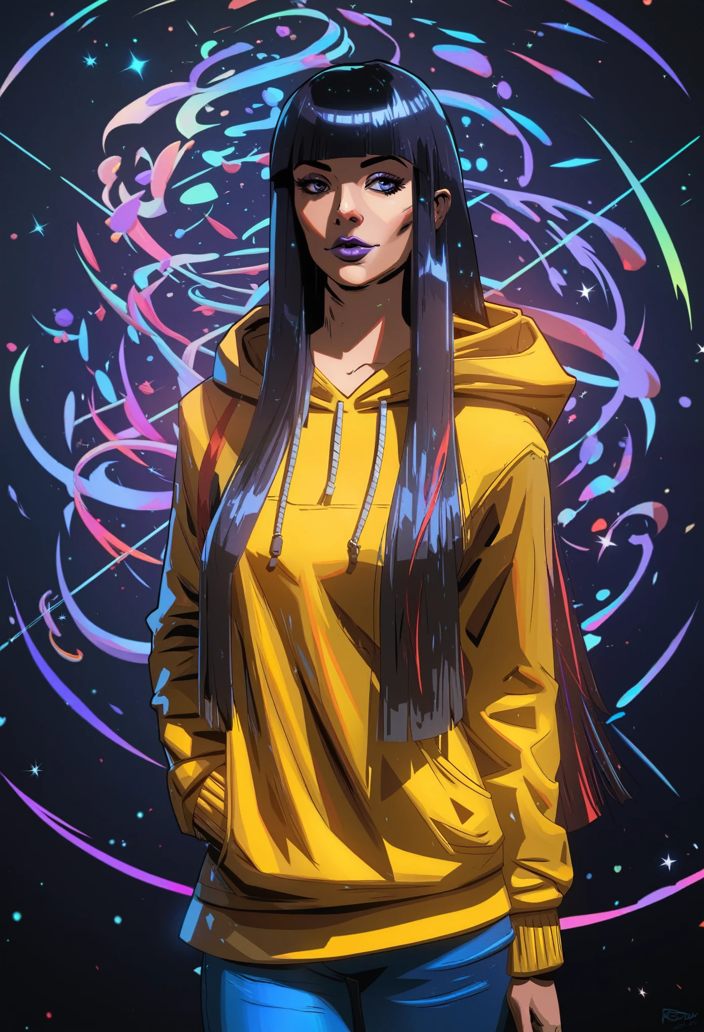 score_9, score_8_up,score_7_up, score_6_up, score_5_up, score_4_up, (top-quality, masterpiece:1.2) highly detailed, masterpiece, cinematic lighting, high quality artwork, beautiful, detailed background, hds style cel shading linear hatching, 1girl, yellow hoodie, blue pants, purple lips, illustration, hime cut, long hair, detailed clothes, detailed hair, detailed eyes, detailed skin