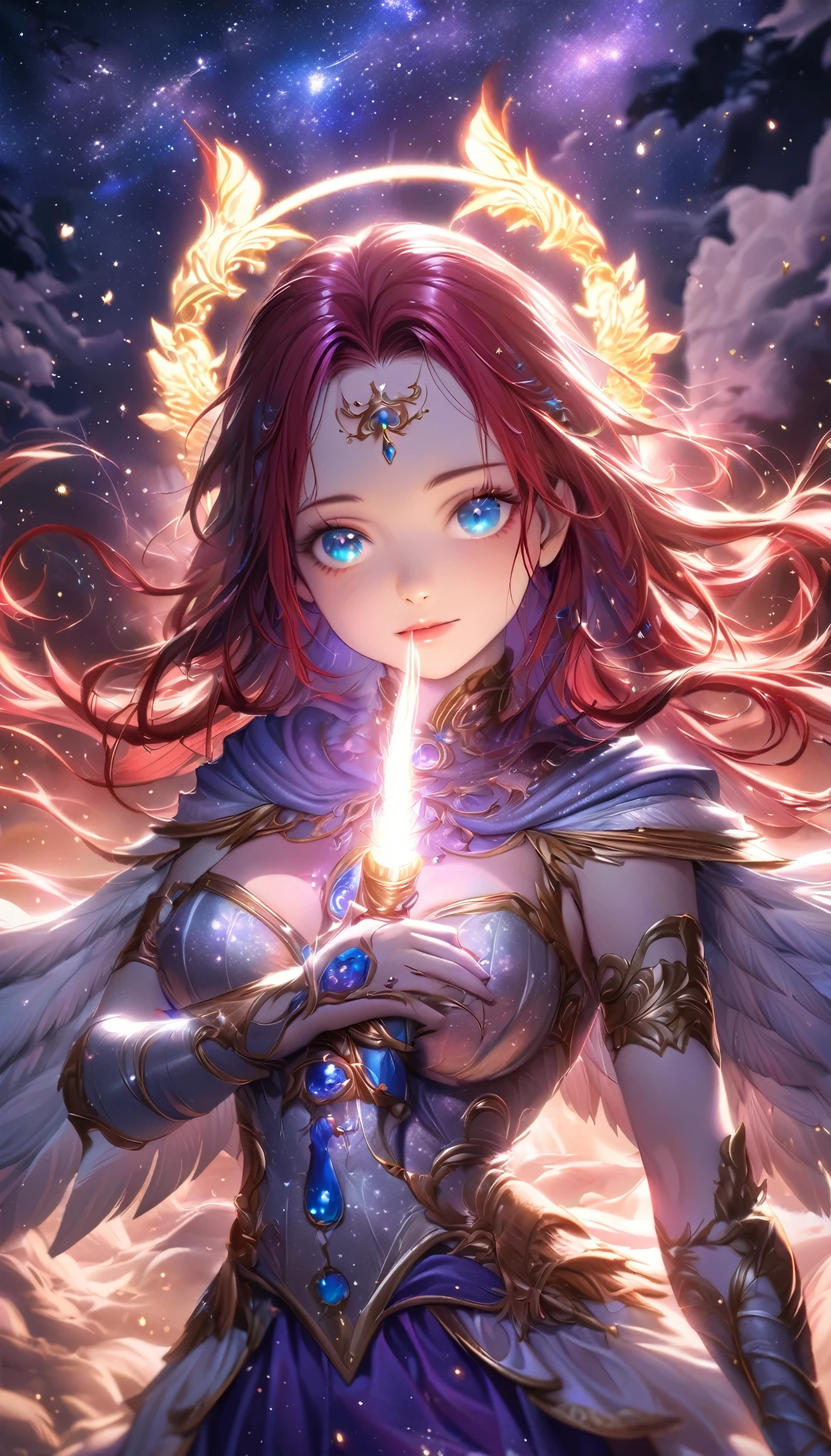 Create an image in anime style with vibrant colors and a mystical feel. The scene should depict an angel with long, flowing red hair and a perfect, angelic face. The angel should have a glowing golden halo around the forehead, with reflected light. The angel should have one blue eye and one green eye. The angel is wearing highly detailed angelic armor, and its large wings should have white feathers that are very detailed and realistic.

The angel’s body is well-defined, with a beautifully shaped waist and medium-sized breasts. The angel is holding a fire sword with flame particles around it and its light reflected, with the blade pointed downward and both hands gripping the sword's hilt.

The pose should be front-facing, showcasing the angel in all its splendor. The background should be a beautiful area with a starry sky and a mix of colors, using a palette of blue, purple, and red to create a mystical atmosphere.

Color Palette:

Blue
Purple
Red
Style: anime

Anime
Vibrant and realistic detailing