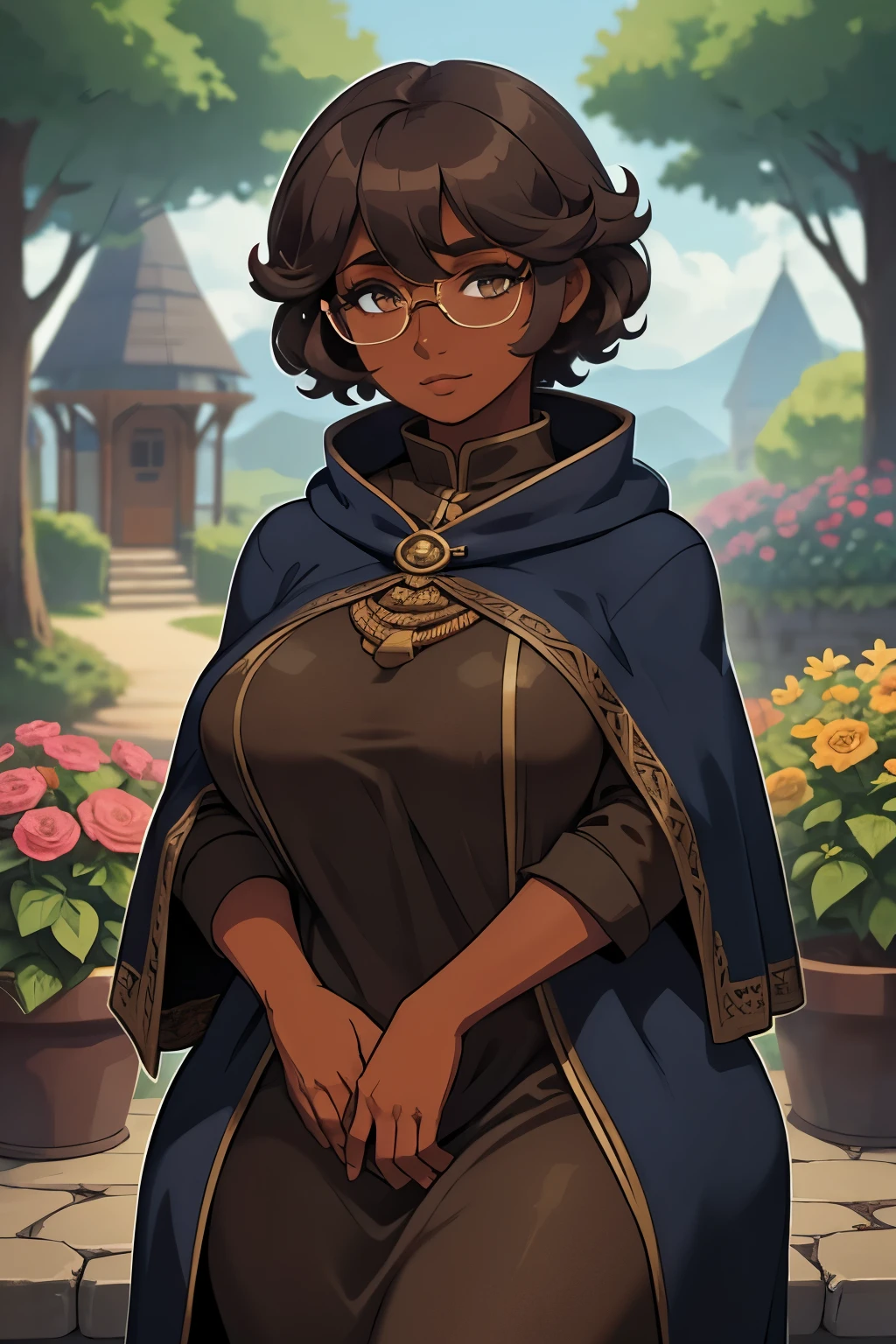 Solo, female, dark skin, curly hair, (((short hair))), Brown hair, lipstick, eyeliner, eyelashes, thick eyelashes, dark skin, linen tunic, (navy cloak), glasses, fantasy village, mature female, chubby face, flowers in hair