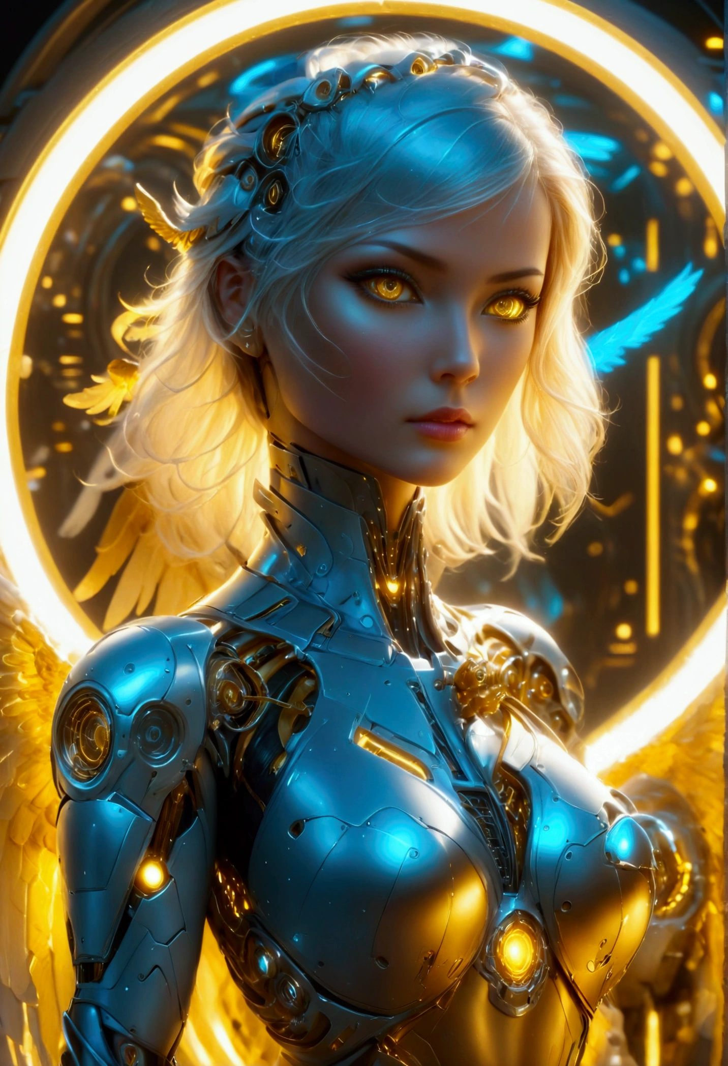 beautiful digital artwork, beautiful digital art, detailed beautiful face, 8k high quality detailed art, very beautiful digital art, digital art. highly detailed, beautiful detailed body, You have a mission!! task (((The most beautiful bionic angel in a perfectly tailored outfit in a given situation))), (give the solution!!), (((one rule is the golden ratio and white balance))), ((always draw hands and fingers correctly, correct them if you make a mistake)), In the darkness, a woman's figure is illuminated by a circular light that frames her head, young  cyborgetic angelic female, complete body, Caucasian skin, short,  body, bio cyborg body, show cleavage, bio cyborg arm's, curved lips, long fire hair, bio cyborg legs, battle Valhalla background,  ultra detailed lighting, Translucent mechanical wing ,  ultrarealistic, 8k, neon golden eyes, ((Lots of neon consecration))