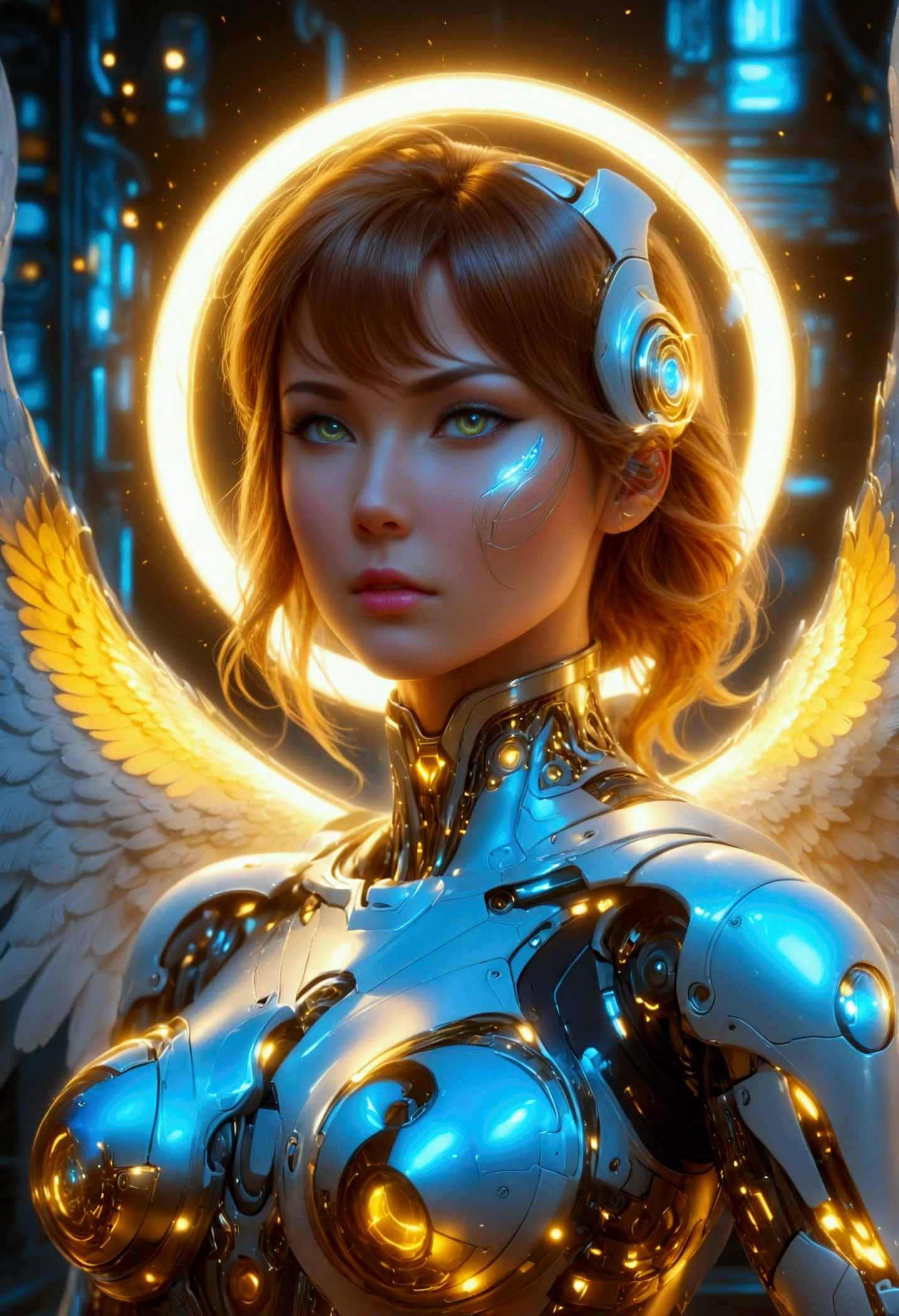 beautiful digital artwork, beautiful digital art, detailed beautiful face, 8k high quality detailed art, very beautiful digital art, digital art. highly detailed, beautiful detailed body, You have a mission!! task (((The most beautiful bionic angel in a perfectly tailored outfit in a given situation))), (give the solution!!), (((one rule is the golden ratio and white balance))), ((always draw hands and fingers correctly, correct them if you make a mistake)), In the darkness, a woman's figure is illuminated by a circular light that frames her head, young  cyborgetic angelic female, complete body, Caucasian skin, short,  body, bio cyborg body, show cleavage, bio cyborg arm's, curved lips, long fire hair, bio cyborg legs, battle Valhalla background,  ultra detailed lighting, Translucent mechanical wing ,  ultrarealistic, 8k, neon golden eyes, ((Lots of neon consecration))