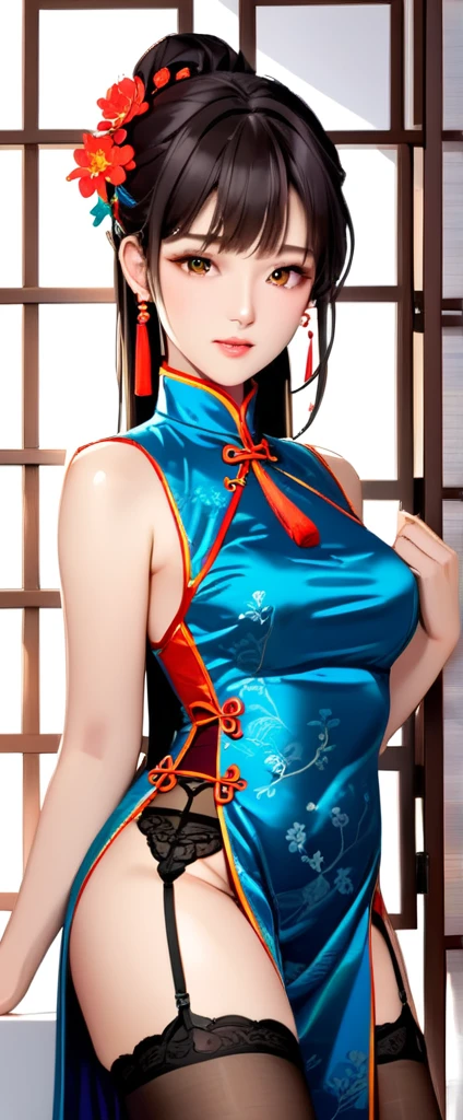 High resolution, adult woman , good lighting, Negligible, , (no nudity), (((chinese dress))), (()), ((())), (garter belt), abdomen only, (),  ,  beautiful face, I&#39;I&#39;m embarrassed and blushing, humiliating, ((turn around and look back)), ((transparent))()(T-back)(there is a large amount in the body,), chubby