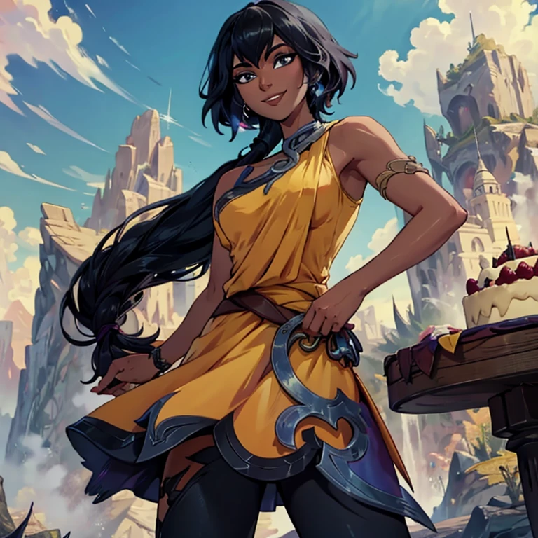 nilah \(league of legends\), 1girl, yellow dress, black pants, black hair, holding a cake , smiling , mountain background
