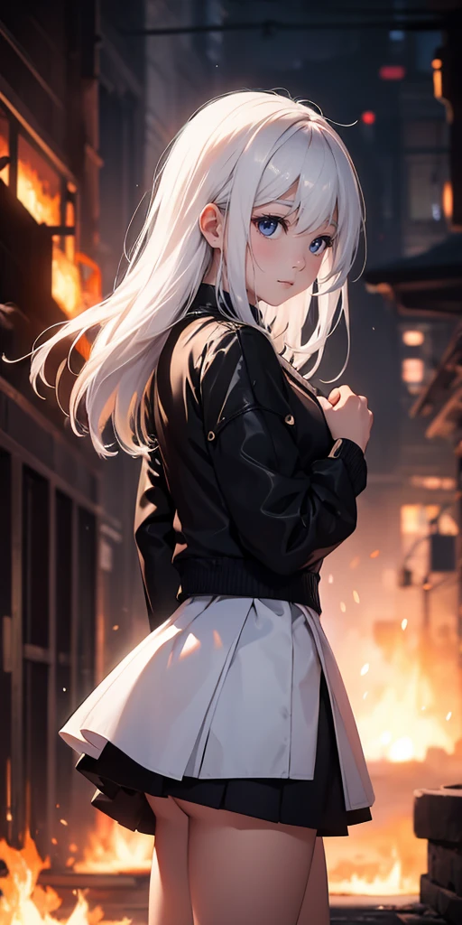 white haired girl, is crying, black miniskirt, fire, bright eyes Depth of field, bright light