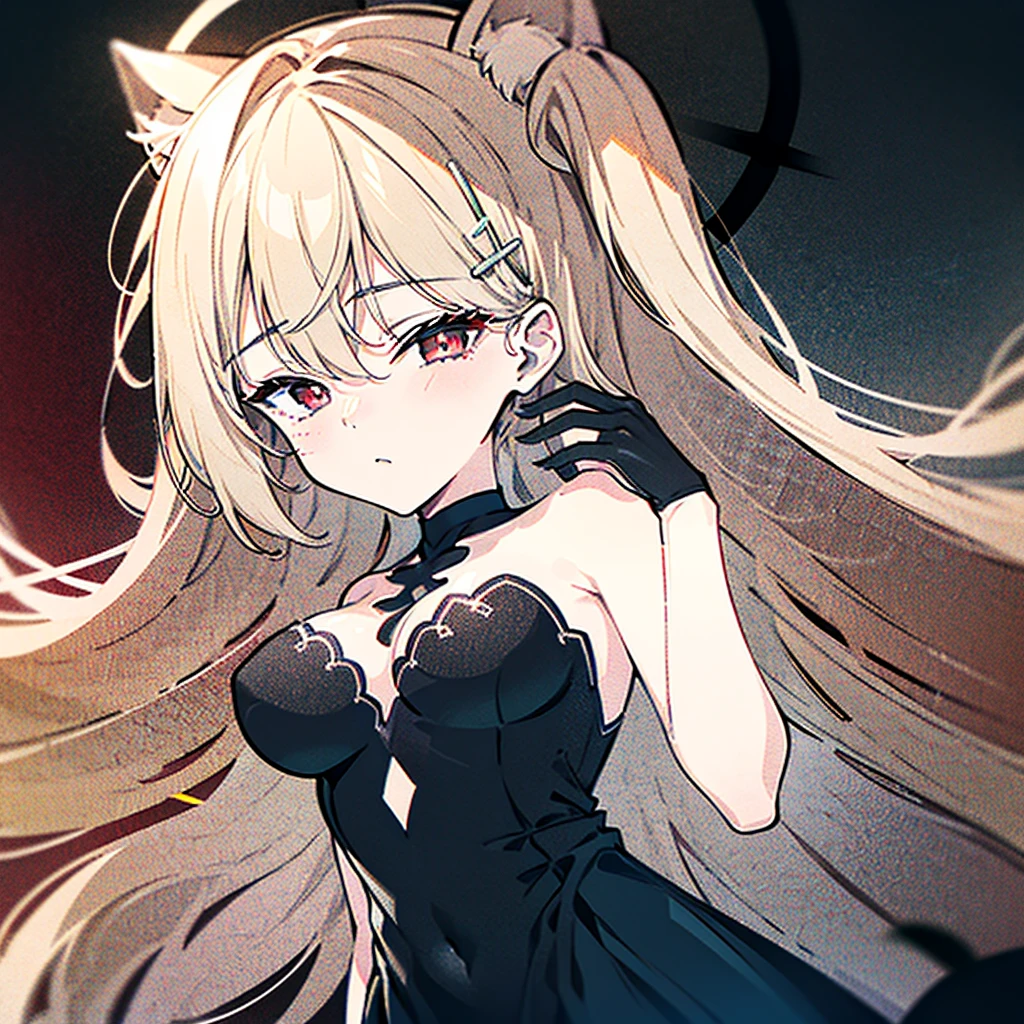 1girl, ashen_blond_hair, long_hair, bangs, red_eyes, emotionless_face, two_side_up, hair_over_one_eye, blush, medium_breasts, Black_dress, black_gloves, pale skin,