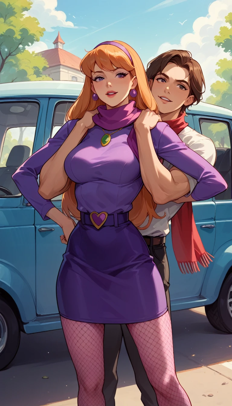 NSFW,
Tesão,
Full Nelson,
Daphne Blake from mystery incorporated, standing beside van, fishnets, red scarf,