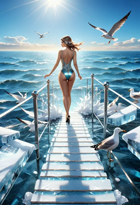 a pier made from ice leading into the sea there is a young woman in a bathing suit and high heels drinking cocktail, calm sea ba...