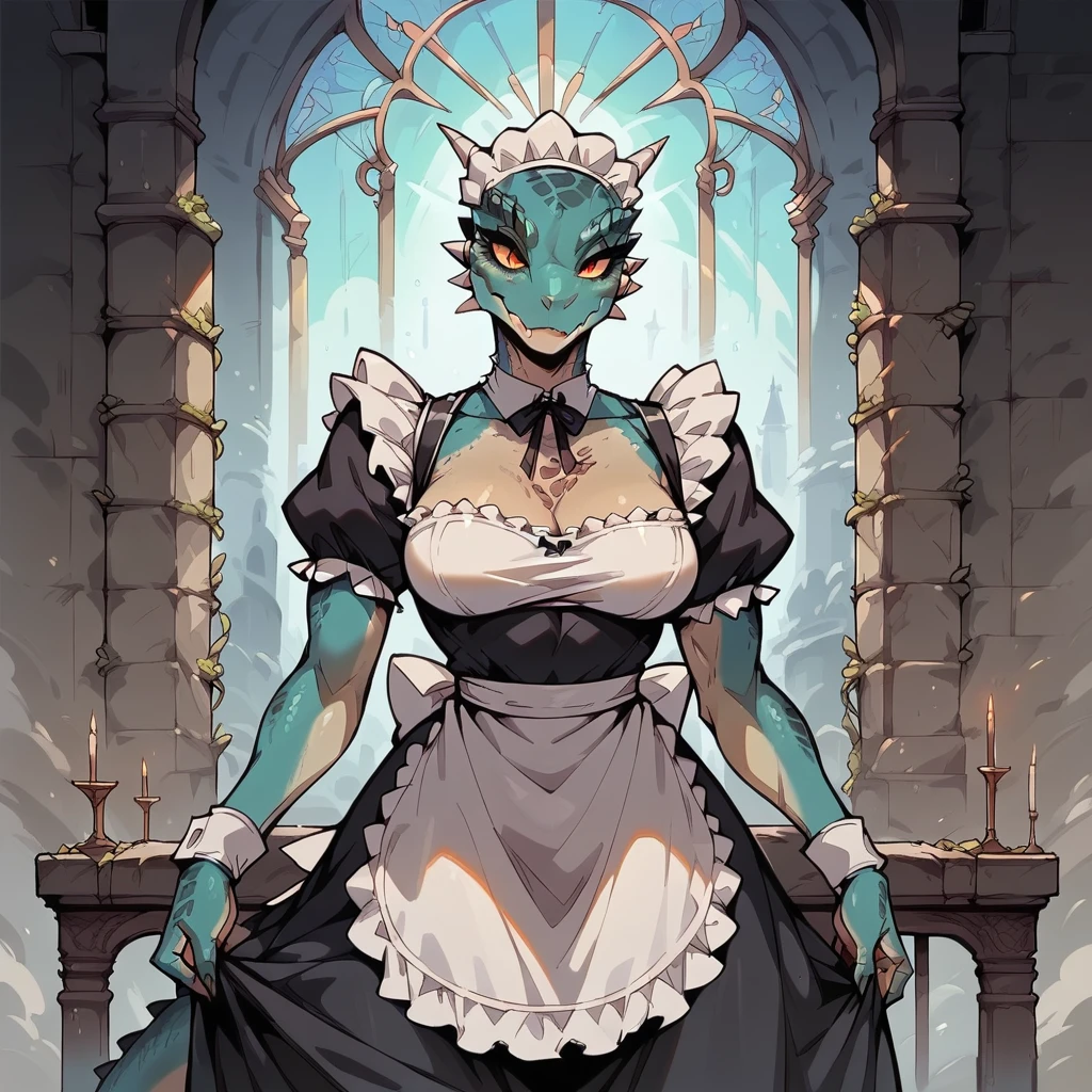 masterpiece, best quality, expressive eyes, perfect face,score_9,score_8,score_7_up, 1girl, argonian, anthro lizard, maid outfit, muscular female, pinup pose, castle background, pinup pose,