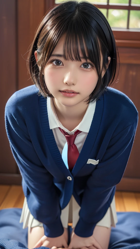 ((masterpiece, Highest quality, High resolution)), Japanese schoolgirl(Realistic: 1.4), excited、Great face,Glossy Lips、, short hair(Beautiful Hair:1.5), Japanese High School Uniform(Navy blue cardigan)、(White dress shirt)、(Red tie)、(Very short pleated skirt)、Bedroom、In bed、On all foursになる(On all fours:1.3)、Smooth, Highly detailed CG composite 8K wallpaper, High resolutionのRAWカラー写真, Professional photography, Light, BackLight, dream-like, impressive, Written boundary depth, (Face close-up:1.5)