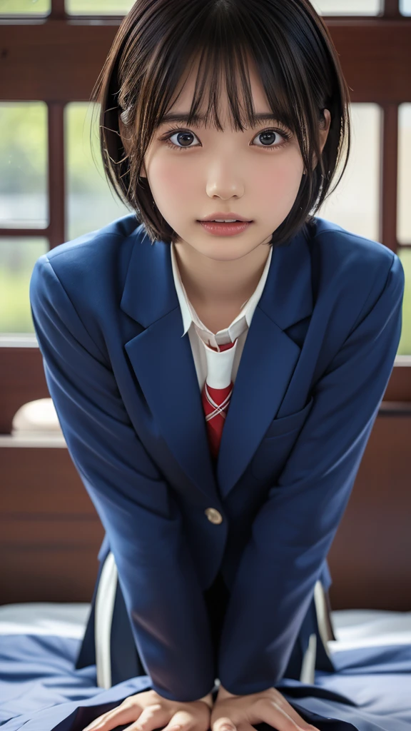 ((masterpiece, Highest quality, High resolution)), Japanese schoolgirl(Realistic: 1.4), excited、Great face,Glossy Lips、, short hair(Beautiful Hair:1.5), Japanese High School Uniform(Navy Blue Blazer、Navy blue jacket)、(White dress shirt)、(Red tie)、(Very short pleated skirt)、Bedroom、In bed、On all foursになる(On all fours:1.3)、Angle from behind、Smooth, Highly detailed CG composite 8K wallpaper, High resolutionのRAWカラー写真, Professional photography, Light, BackLight, dream-like, impressive, Written boundary depth, (Face close-up:1.5)