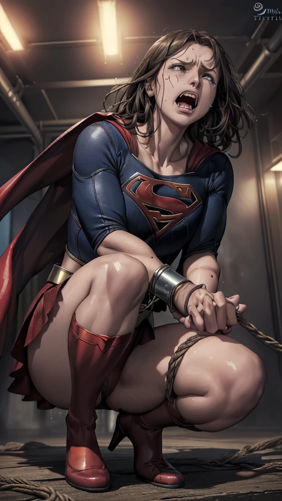 (((High resolution face))),((Supergirl gets arrested, Handcuffed in Space)), ((Humiliating,lost,Destroyed)), ((emotional expression,expression of pain and despair, Scream in pain, expression of suffering, Big eyes)),(Supergirl is crouching,  slave,Obedient), (she泣いている)), ((she首に犬の首輪をつけている.)), (she不道徳な服を着ている, she下品な服を着ている), (first work, Better Quality) 1.5, 1 girl, alone, (Sensual, Beautiful woman, Perfect Face, Perfect Eyes), whole body. ((she)), Tears running down your face)), ((Supergirl trapped in Strap-on, immediately, Use some kind of fastening method, Like a rope or chain stretching from your wrist to a connection point above)), (((emotional expression,expression of pain and despair, Scream in pain, expression of suffering, Big eyes, Expressions of fear, body writhing in pain))), ((sheスティレットハイヒールとレースのパンストを履いている)), (((Looking into the camera)))
