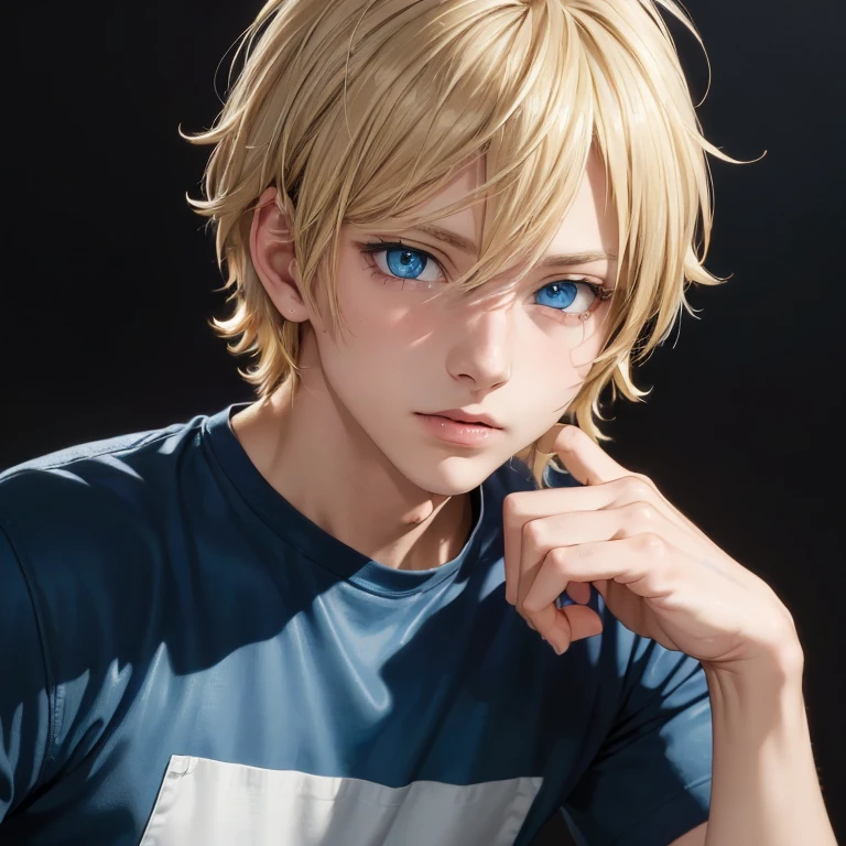 ((High Quality)),((Hyper Realistic)), ((Anime style Messy soft short  haired  blonde boy with blue colored eyes)),((Slender bodied,Clean Shaven,wearing a t shirt)),((Facing the camera))